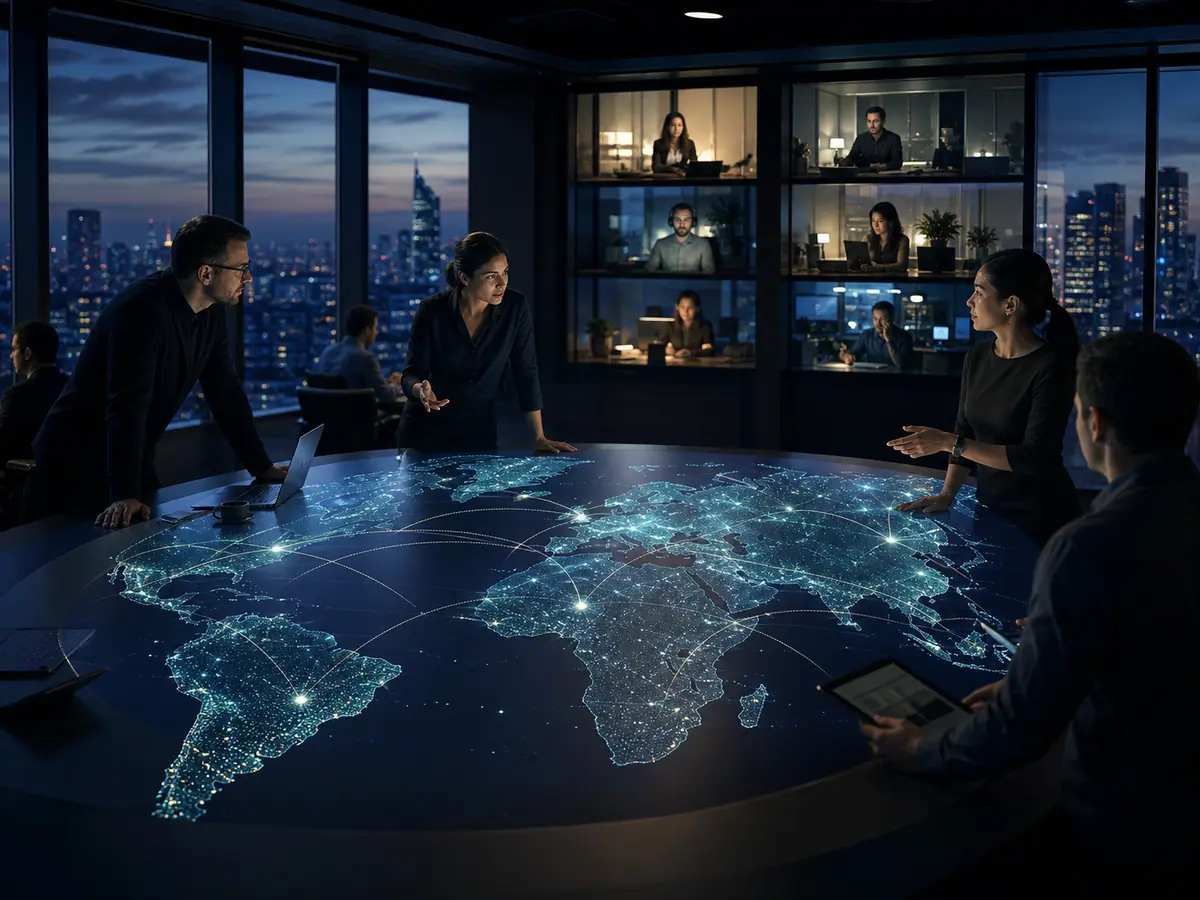 A global research operations team coordinating markets around a world table